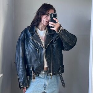 Vintage 90s Leather Biker Jacket Brown Black Distressed Moto Grunge Faded Bomber